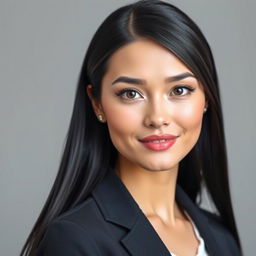A beautiful adult woman with an elegant and professional appearance, characterized by a strong jawline that conveys confidence