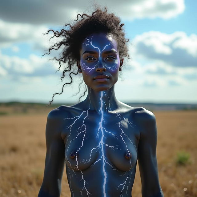 A captivating woman stands outdoors in a wide, open field under a partly cloudy sky, her nipple prominently visible yet artistically covered in body paint