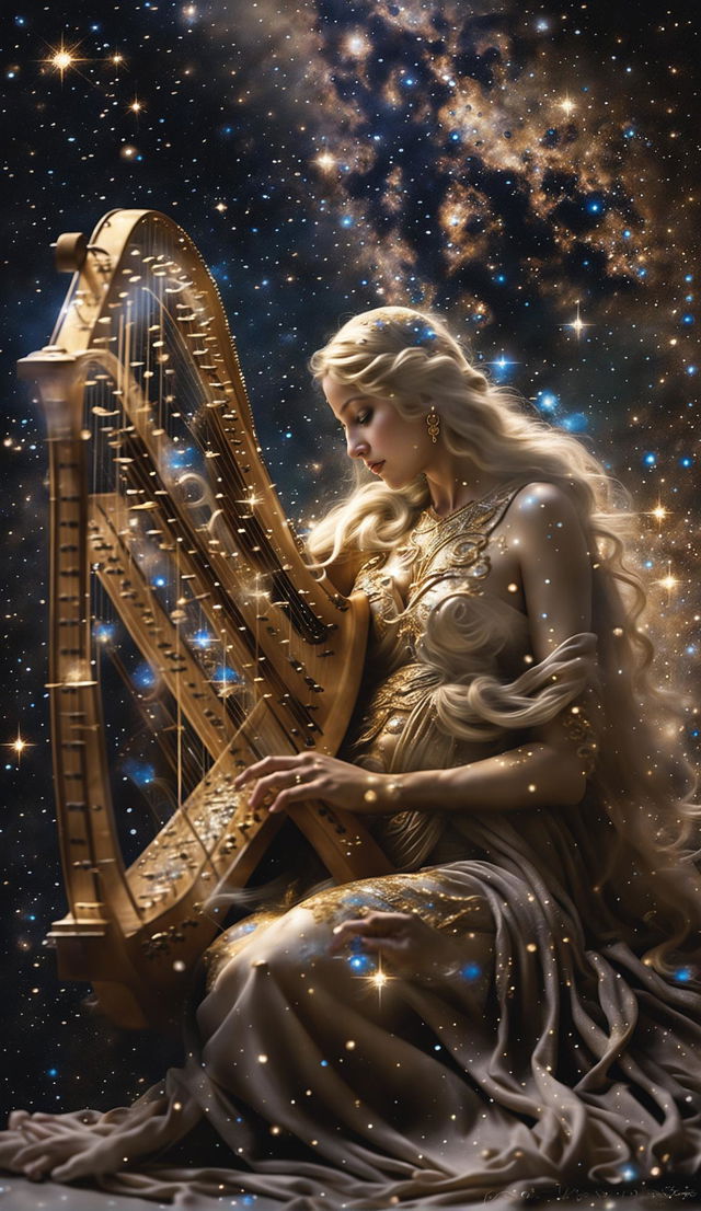 Double exposure image of a heavily pregnant golden stardust goddess playing a beautifully carved harp against the backdrop of the Milky Way. She wears a long gown made of stardust and gold embroidery and has long gold fingernails. The image is shot from a long distance in 36k resolution, capturing every intricate detail.