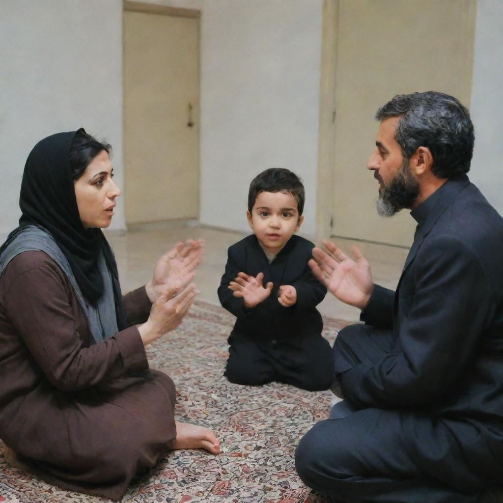 An Iranian man and woman in the middle of a heated argument, with their child attempting bravely to mediate and separate them.