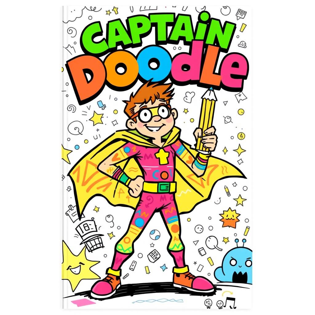 A comic book cover featuring a vibrant and dynamic superhero named Captain Doodle