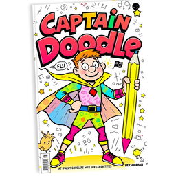 A comic book cover featuring a vibrant and dynamic superhero named Captain Doodle