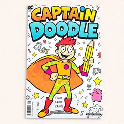 A comic book cover featuring a vibrant and dynamic superhero named Captain Doodle