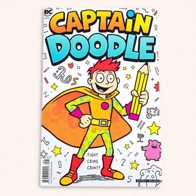 A comic book cover featuring a vibrant and dynamic superhero named Captain Doodle