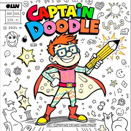A comic book cover featuring a vibrant and dynamic superhero named Captain Doodle