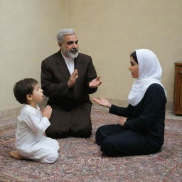 An Iranian man and woman in the middle of a heated argument, with their child attempting bravely to mediate and separate them.