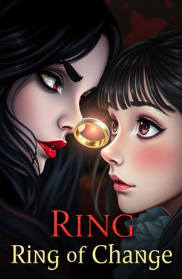 A captivating and mysterious book cover for 'Ring of Change', featuring a close-up of two girls exchanging bodies