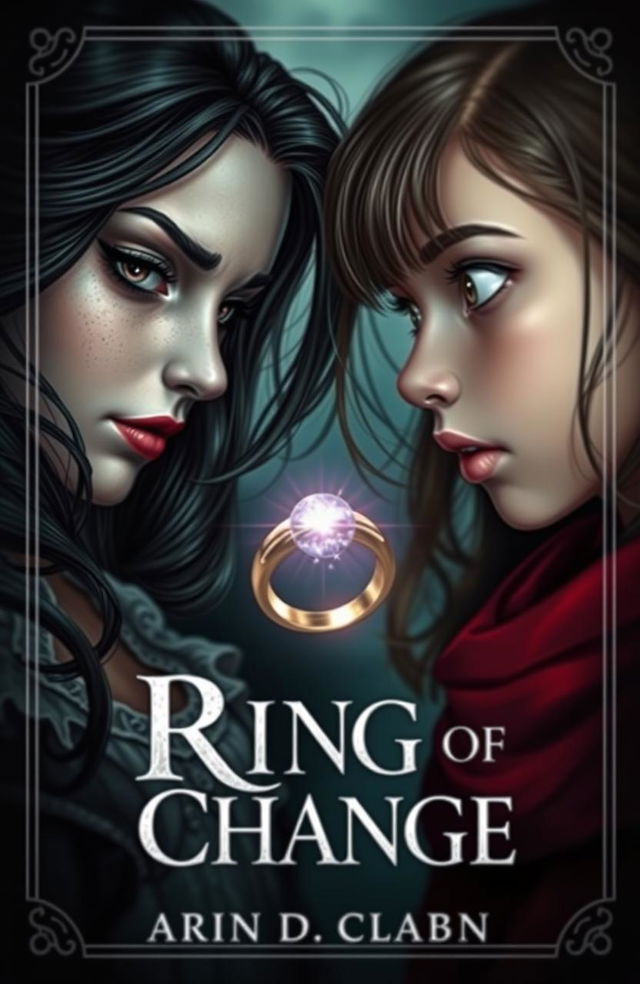 A captivating and mysterious book cover for 'Ring of Change', featuring a close-up of two girls exchanging bodies