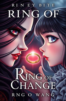 A captivating and mysterious book cover for 'Ring of Change', featuring a close-up of two girls exchanging bodies