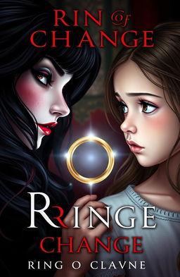 A captivating and mysterious book cover for 'Ring of Change', featuring a close-up of two girls exchanging bodies