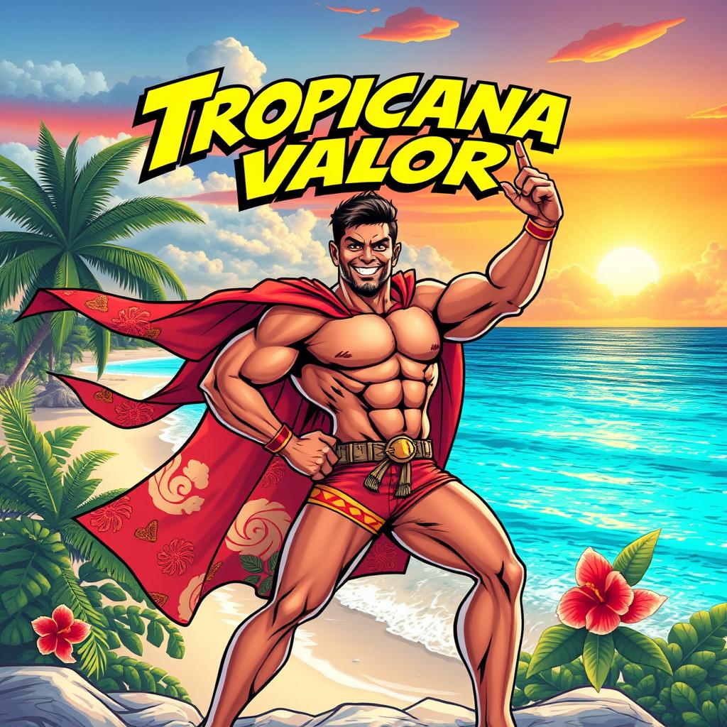 A vibrant comic book cover featuring a made-up superhero from the Caribbean