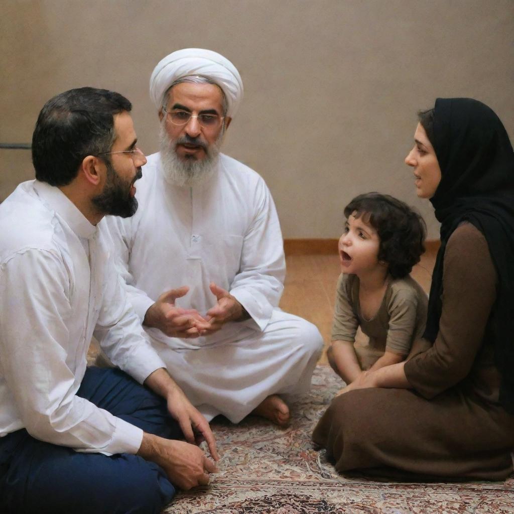 An Iranian man and woman in the middle of a heated argument, with their child attempting bravely to mediate and separate them.