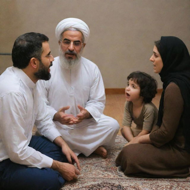 An Iranian man and woman in the middle of a heated argument, with their child attempting bravely to mediate and separate them.