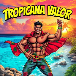 A vibrant comic book cover featuring a made-up superhero from the Caribbean