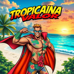 A vibrant comic book cover featuring a made-up superhero from the Caribbean