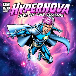 A dynamic comic book cover featuring a made-up superhero named 'Hypernova', who has dazzling cosmic powers