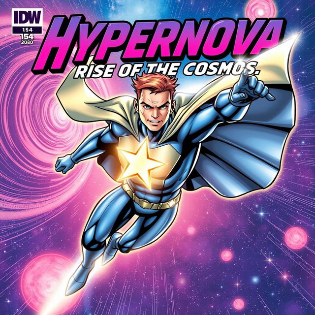 A dynamic comic book cover featuring a made-up superhero named 'Hypernova', who has dazzling cosmic powers