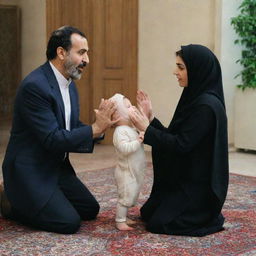 An Iranian man and woman in the middle of a heated argument, with their child attempting bravely to mediate and separate them.