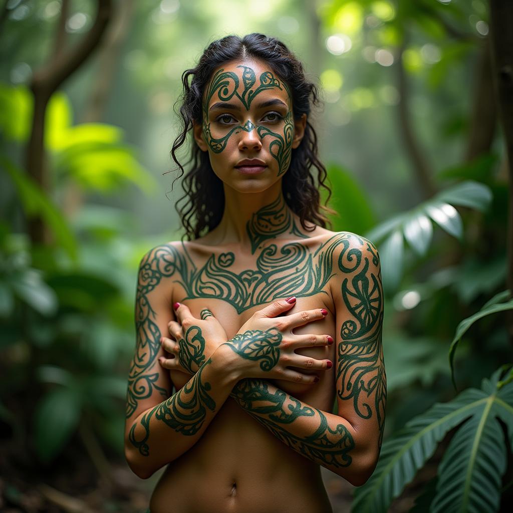 A captivating woman stands in a vibrant tropical forest clearing, her hands gracefully covering her breasts