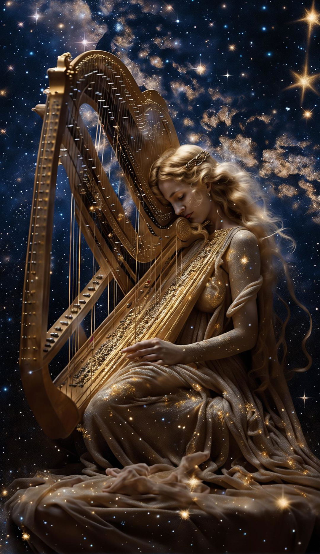 Double exposure of a golden-skinned pregnant goddess made of stardust playing a golden harp against the Milky Way backdrop. She wears a stardust gown with gold embroidery and constellations. Image captured in 36k resolution.