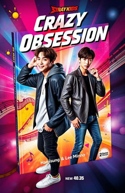 A captivating book cover for 'Crazy Obsession' featuring two members of Stray Kids, Hanjisung and Lee Minho