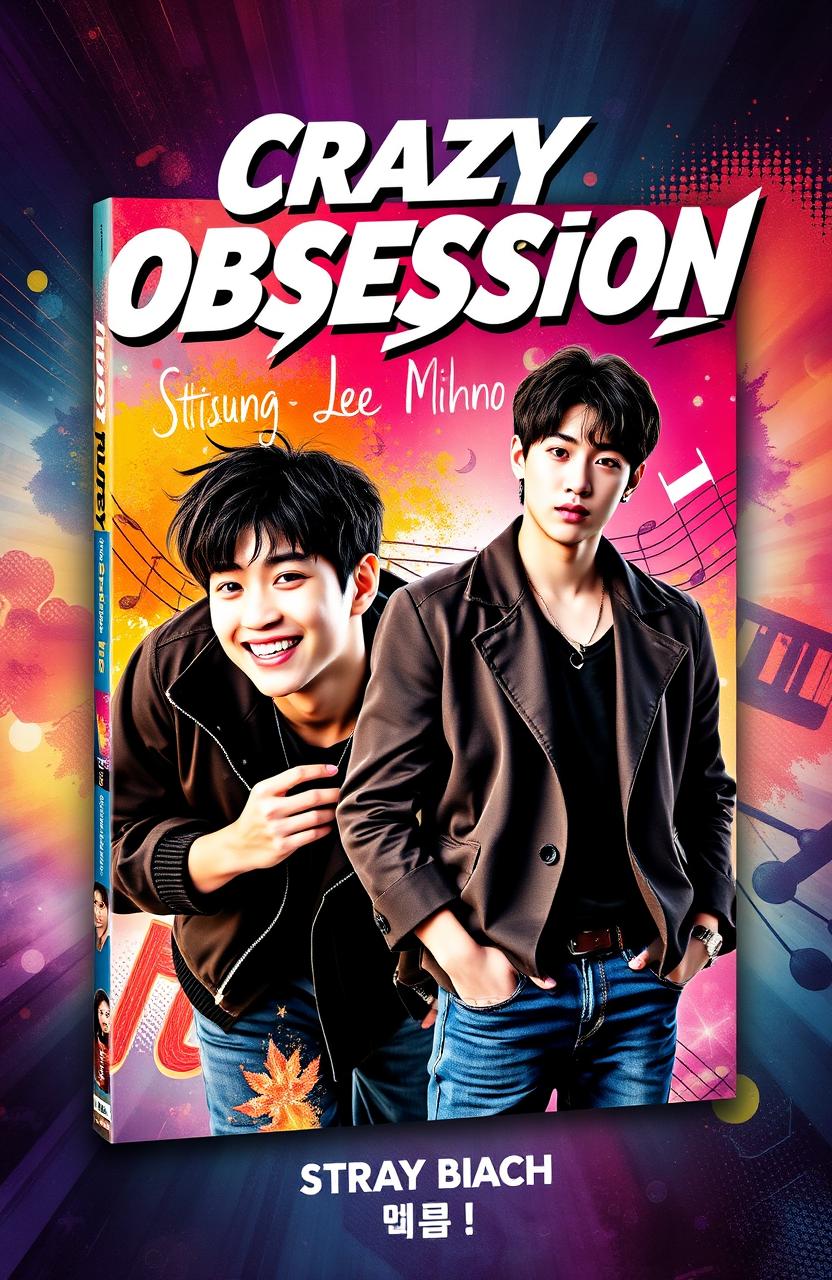 A captivating book cover for 'Crazy Obsession' featuring two members of Stray Kids, Hanjisung and Lee Minho