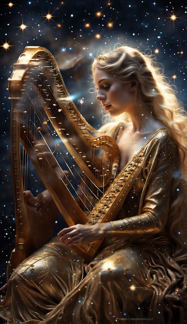 Double exposure of a golden-skinned pregnant goddess with a smaller nose and full lips, made of stardust playing a golden harp against the Milky Way backdrop. She wears a stardust gown with gold embroidery and constellations. Image captured in 36k resolution.