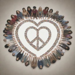 A peaceful scene featuring diverse individuals coming together, forming a heart symbol, with the word 'Peace' written in different world languages.