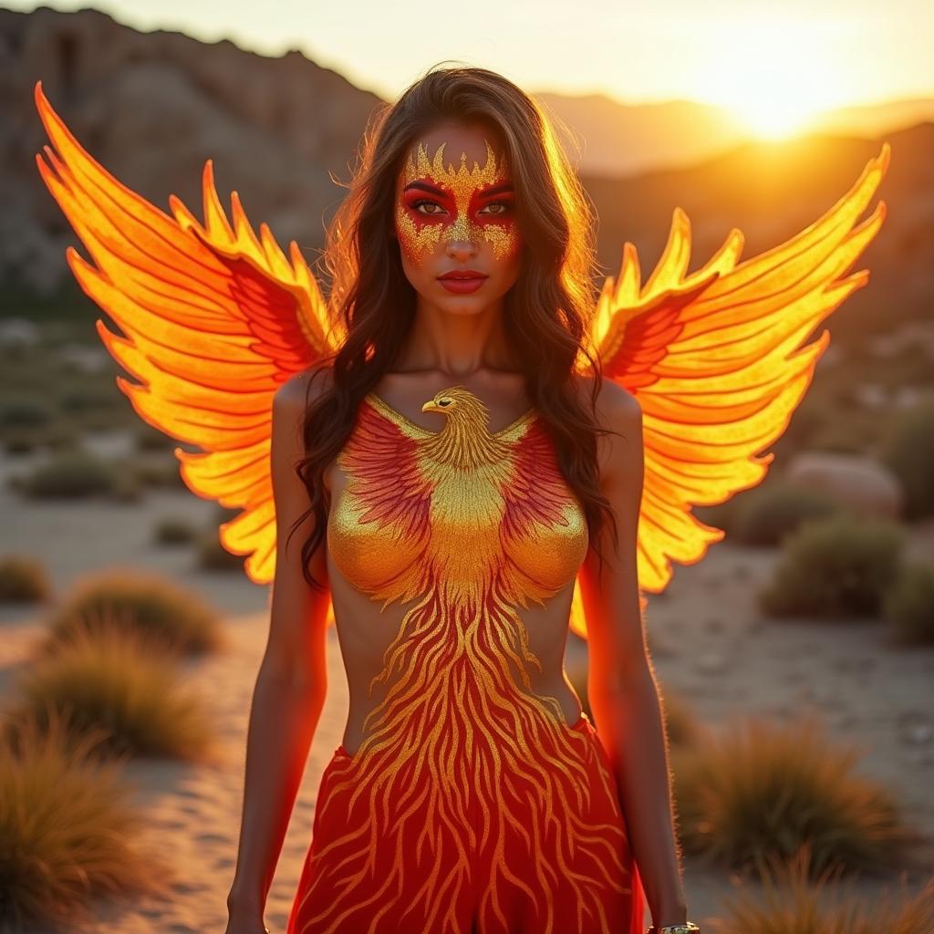 A captivating woman stands outdoors in a bright, rocky landscape under the midday sun, with her body painted in a striking golden phoenix theme