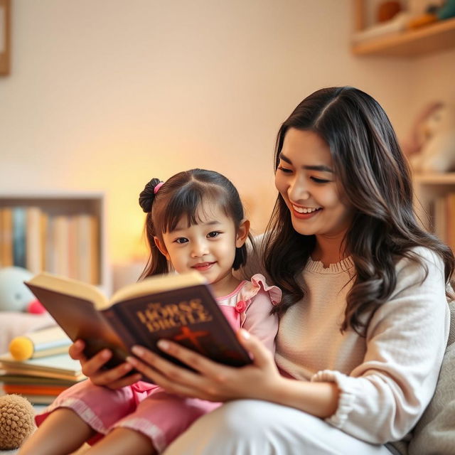 A 30-year-old Asian woman with a warm smile, gently reading a bible to a 5-year-old girl