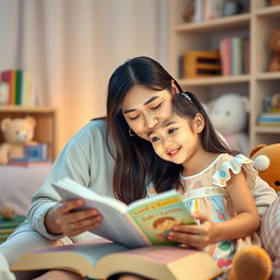 A 30-year-old Asian woman with a warm smile, gently reading a bible to a 5-year-old girl