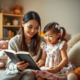 A 30-year-old Asian woman with a warm smile, gently reading a bible to a 5-year-old girl