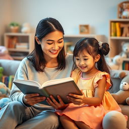 A 30-year-old Asian woman with a warm smile, gently reading a bible to a 5-year-old girl