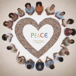 A peaceful scene featuring diverse individuals coming together, forming a heart symbol, with the word 'Peace' written in different world languages.