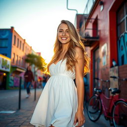 A young woman standing in a vibrant urban setting during sunset, wearing a stylish summer dress that flows elegantly in the evening breeze