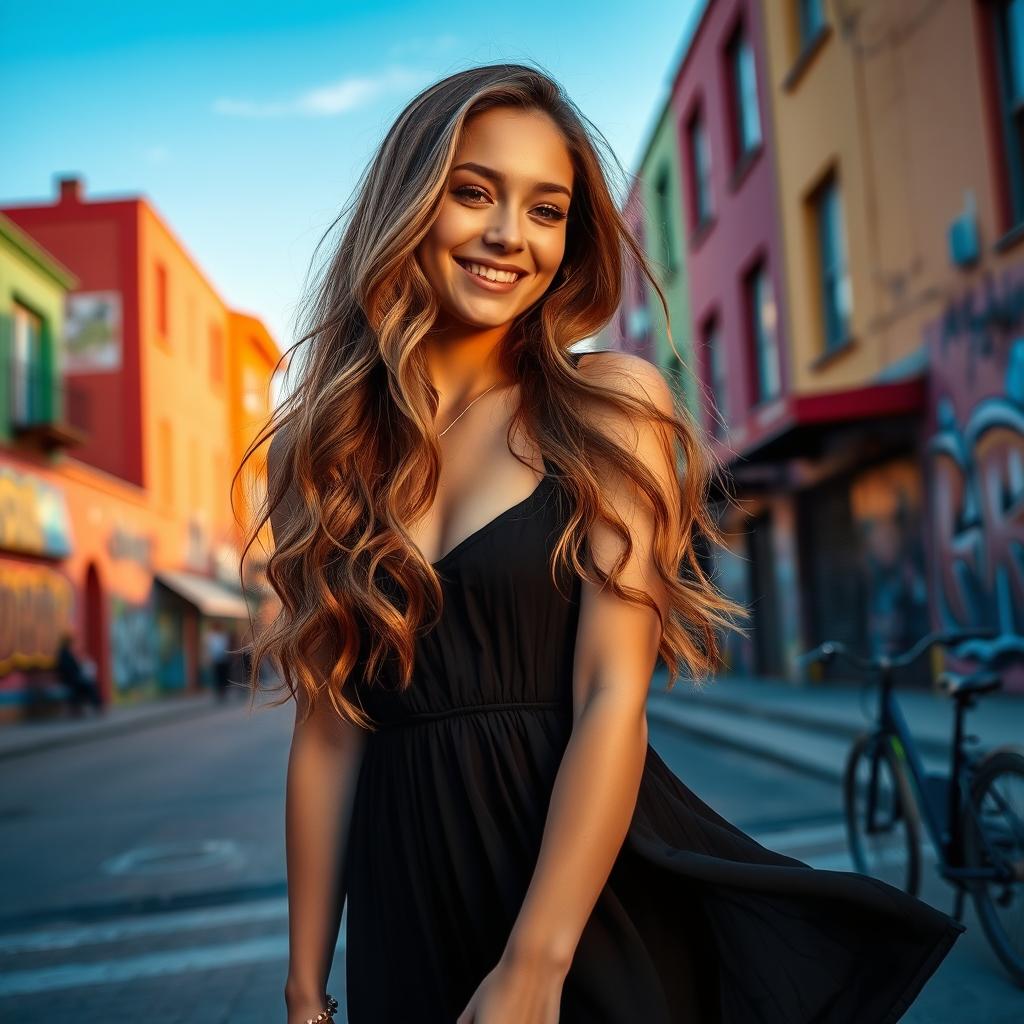 A young woman standing in a vibrant urban setting during sunset, wearing a stylish summer dress that flows elegantly in the evening breeze