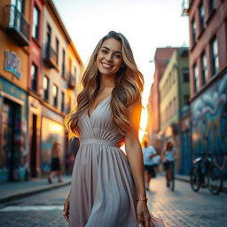 A young woman standing in a vibrant urban setting during sunset, wearing a stylish summer dress that flows elegantly in the evening breeze