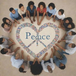 A peaceful scene featuring diverse individuals coming together, forming a heart symbol, with the word 'Peace' written in different world languages.