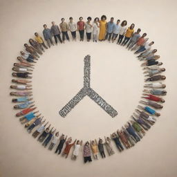 A peaceful scene featuring diverse individuals coming together, forming a heart symbol, with the word 'Peace' written in different world languages.