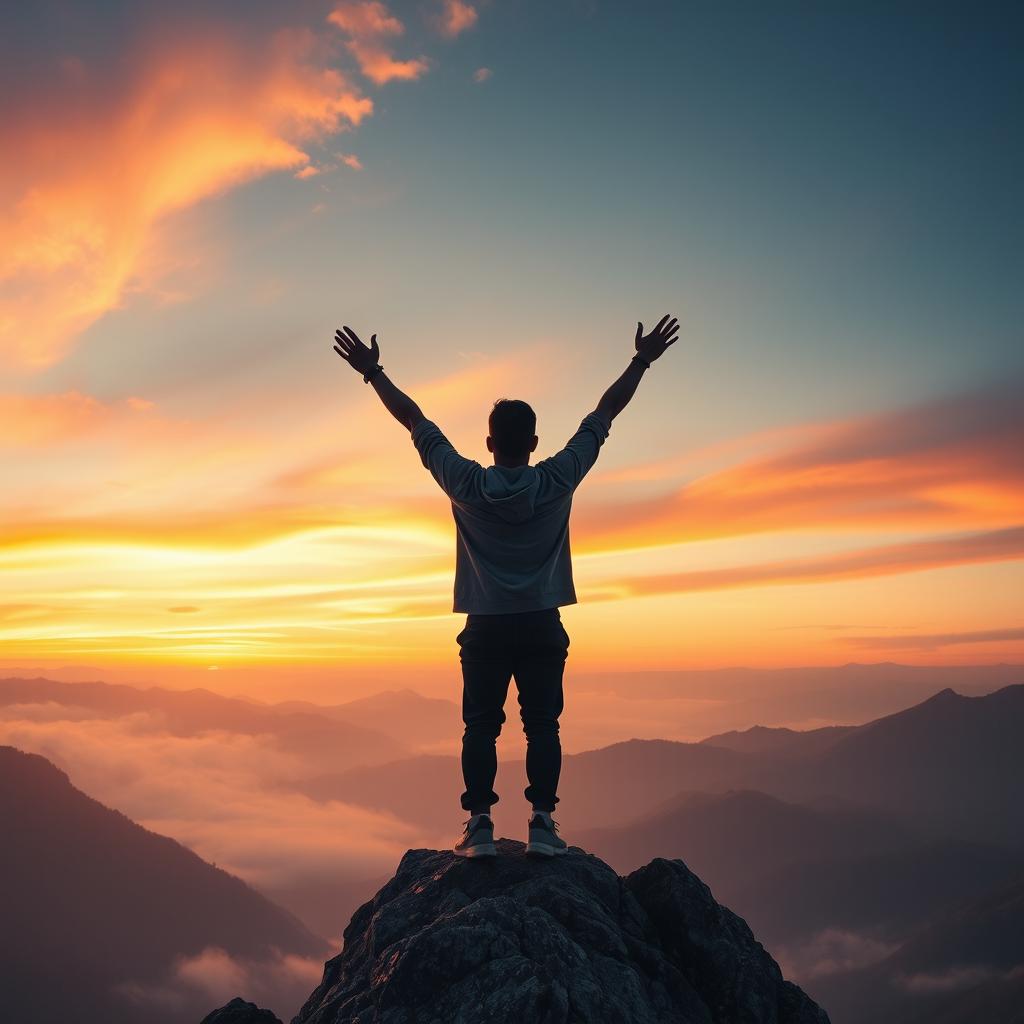 A powerful and inspiring scene illustrating triumph over fear, featuring a person standing on top of a mountain, arms raised in victory