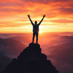 A powerful and inspiring scene illustrating triumph over fear, featuring a person standing on top of a mountain, arms raised in victory