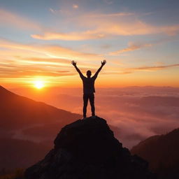 A powerful and inspiring scene illustrating triumph over fear, featuring a person standing on top of a mountain, arms raised in victory