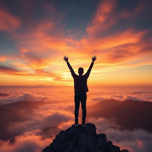 A powerful and inspiring scene illustrating triumph over fear, featuring a person standing on top of a mountain, arms raised in victory