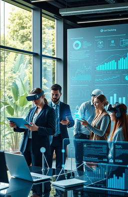 A modern depiction of an information management system in a new era, showcasing advanced technology and digital interfaces