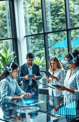 A modern depiction of an information management system in a new era, showcasing advanced technology and digital interfaces