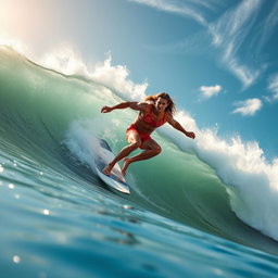 A dynamic and exhilarating scene of a surfer expertly riding a massive wave, captured in mid-action