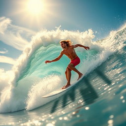 A dynamic and exhilarating scene of a surfer expertly riding a massive wave, captured in mid-action