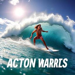 A dynamic and exhilarating scene of a surfer expertly riding a massive wave, captured in mid-action