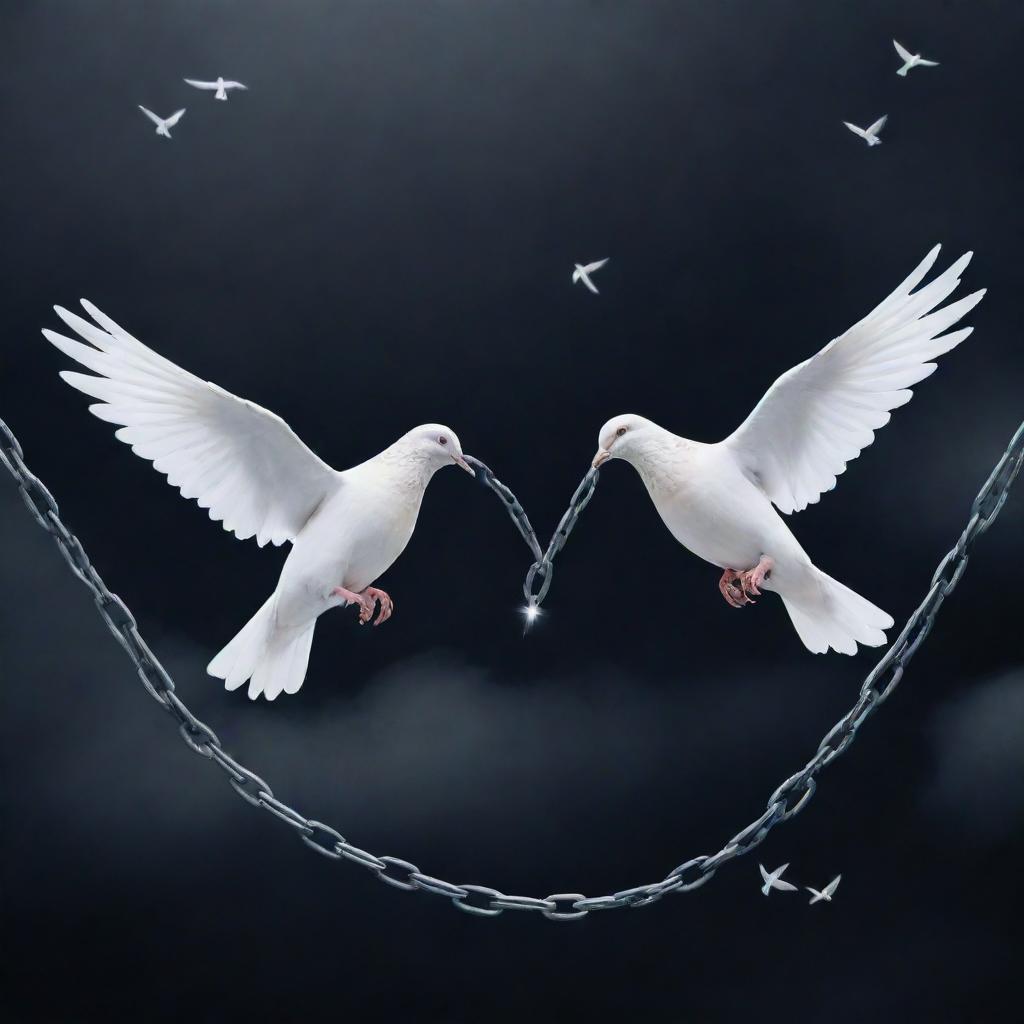 Illustrate the theme 'prevention of violence' by featuring harmonious elements such as peaceful doves, broken chains symbolizing freedom, and rays of hope shining through a dark sky.