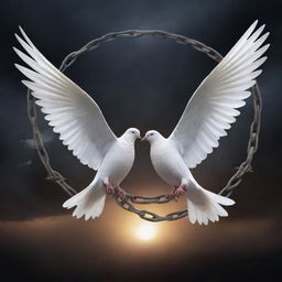 Illustrate the theme 'prevention of violence' by featuring harmonious elements such as peaceful doves, broken chains symbolizing freedom, and rays of hope shining through a dark sky.